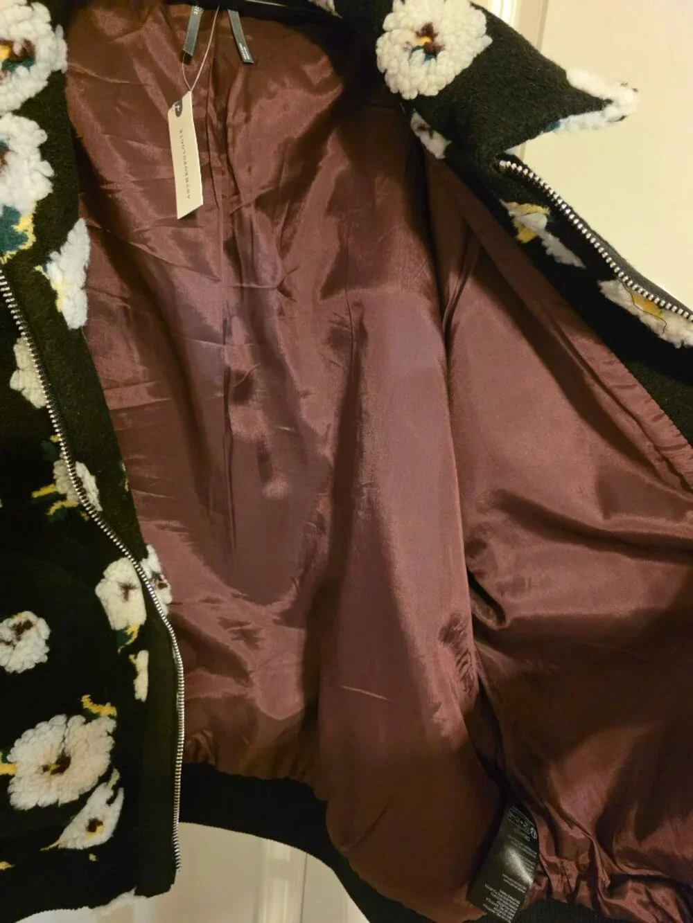 NWT Anthropologie Floral Sherpa Fleece Bomber Jacket Black White Daisy Medium M